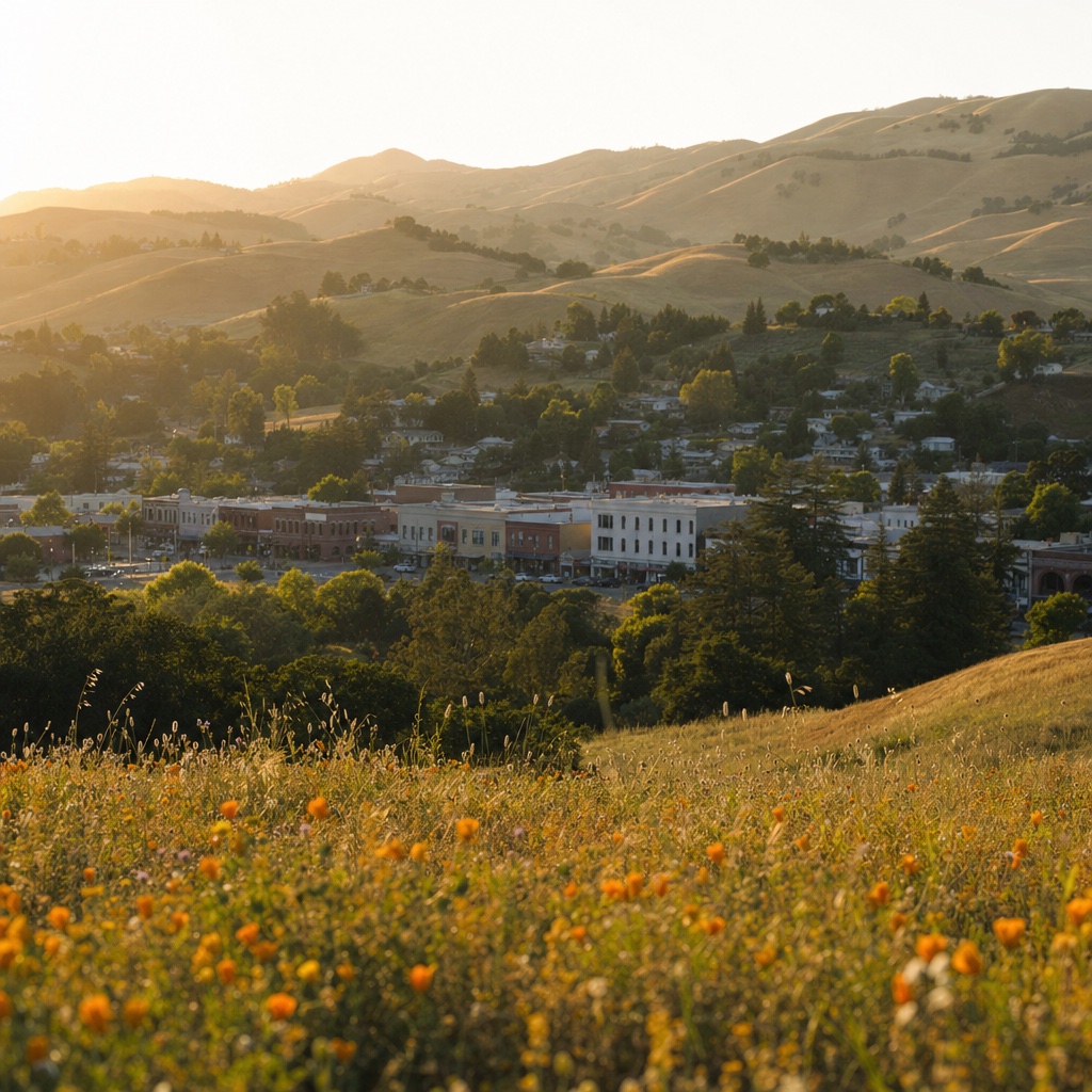 Hills above a small town at sunset, where Menlo insures homes, land and businesses